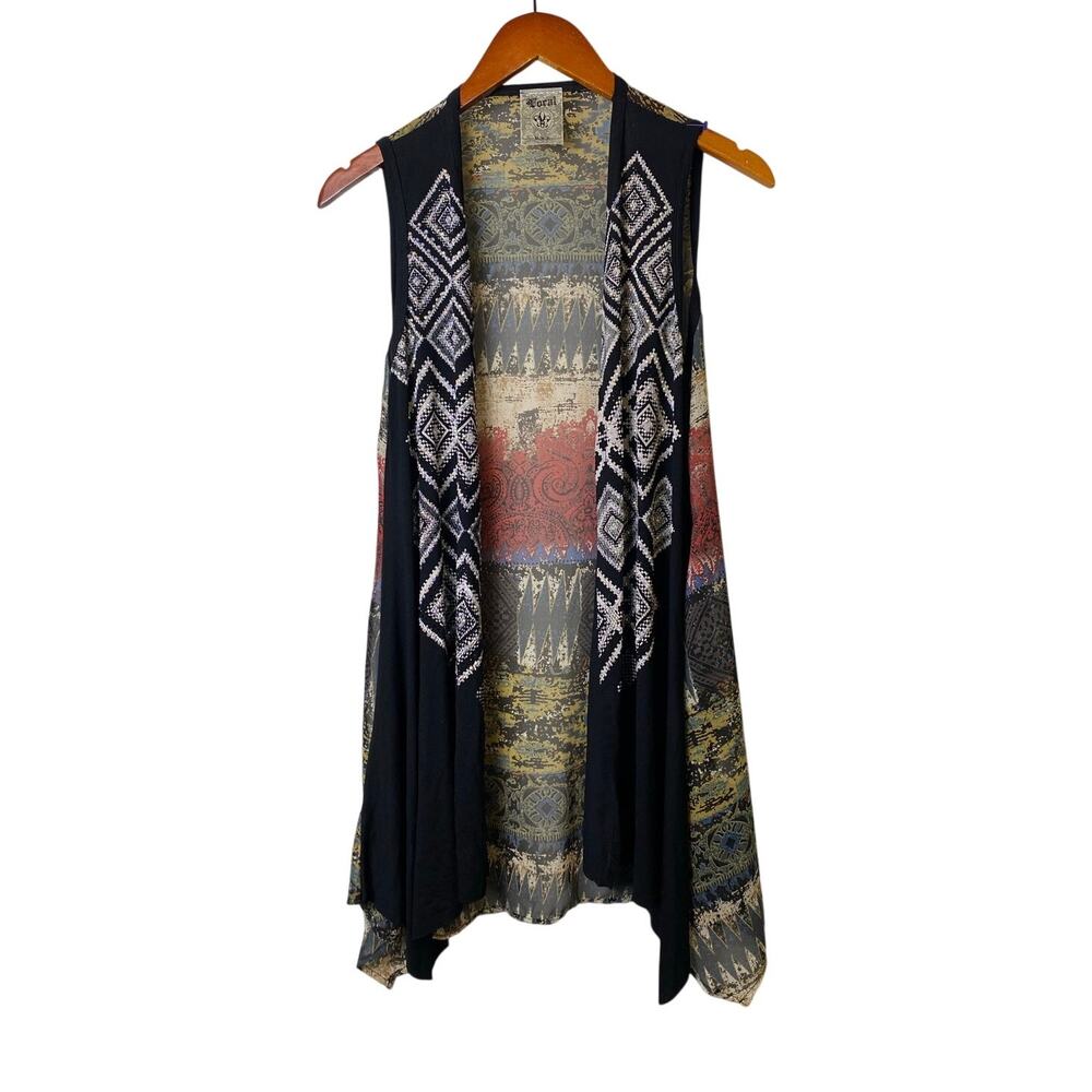 VOCAL Black Red Cream Lightweight Metal Embellished Sleeveless Cardigan Small